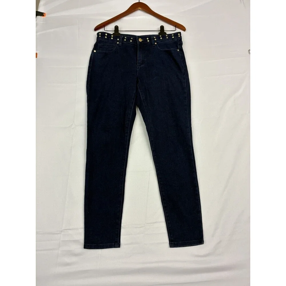 Michael Kors Izzy Skinny Jeans Womens 8 Dark Wash Blue Gold Studded Stretch